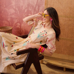 Stylum Women's Cream Woven Design & Embroidered Cotton Tiered Dress (DRSCREAMCOOKI)