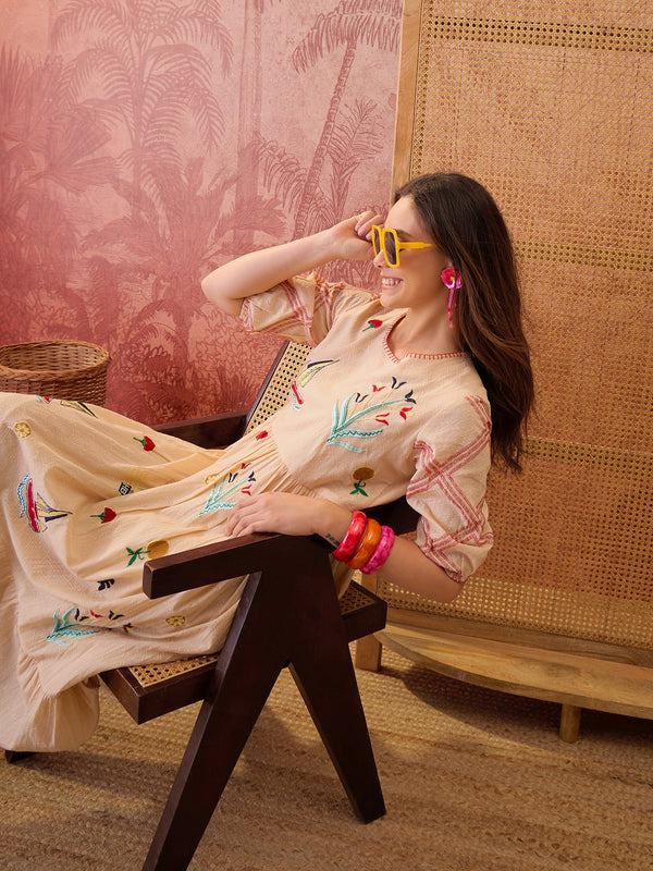 Stylum Women's Cream Woven Design & Embroidered Cotton Tiered Dress (DRSCREAMCOOKI)