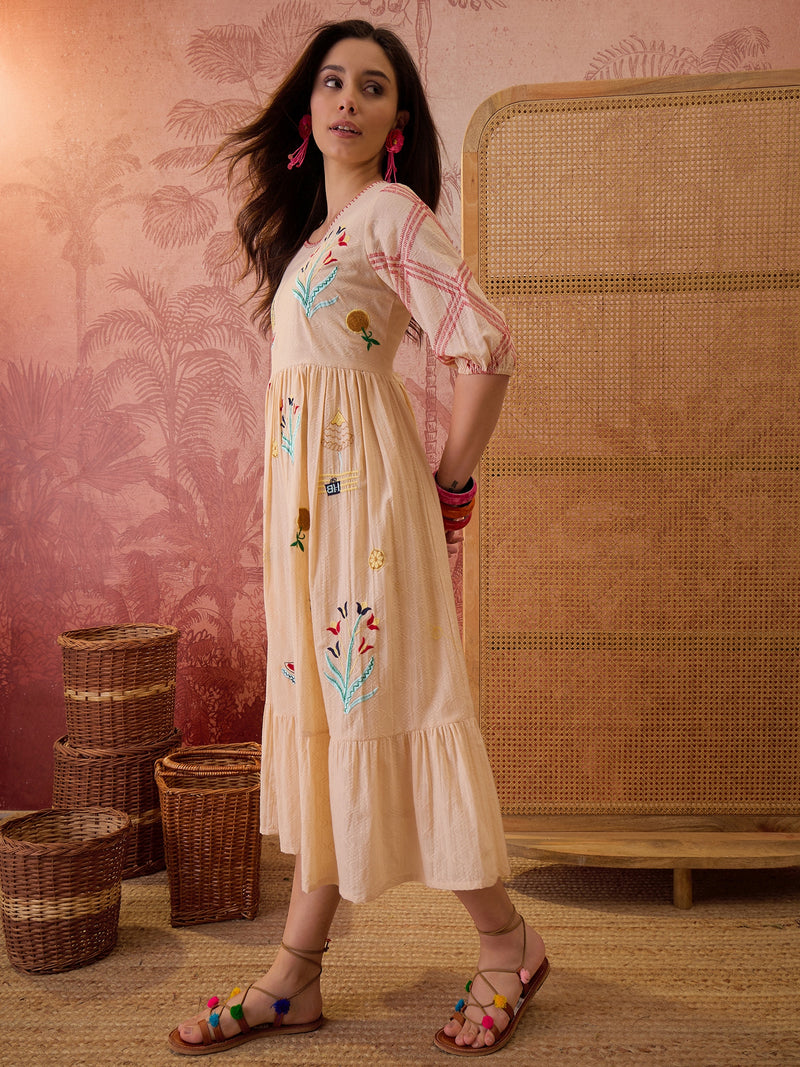 Stylum Women's Cream Woven Design & Embroidered Cotton Tiered Dress (DRSCREAMCOOKI)
