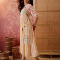 Stylum Women's Cream Woven Design & Embroidered Cotton Tiered Dress (DRSCREAMCOOKI)