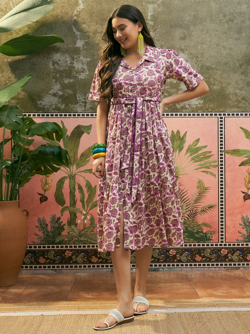 Stylum Women's Cream Floral Printed Cotton Flared Dress (DRSCREAMDATES)