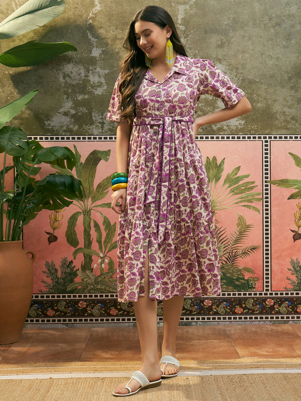 Stylum Women's Cream Floral Printed Cotton Flared Dress (DRSCREAMDATES)
