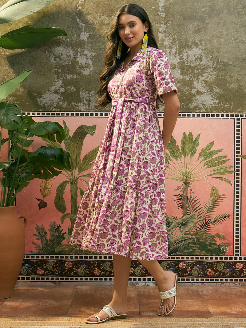 Stylum Women's Cream Floral Printed Cotton Flared Dress (DRSCREAMDATES)