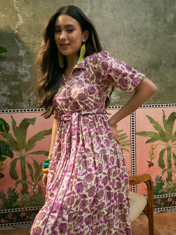 Stylum Women's Cream Floral Printed Cotton Flared Dress (DRSCREAMDATES)