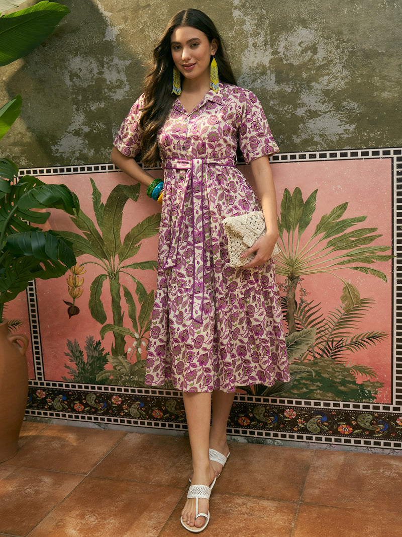 Stylum Women's Cream Floral Printed Cotton Flared Dress (DRSCREAMDATES)