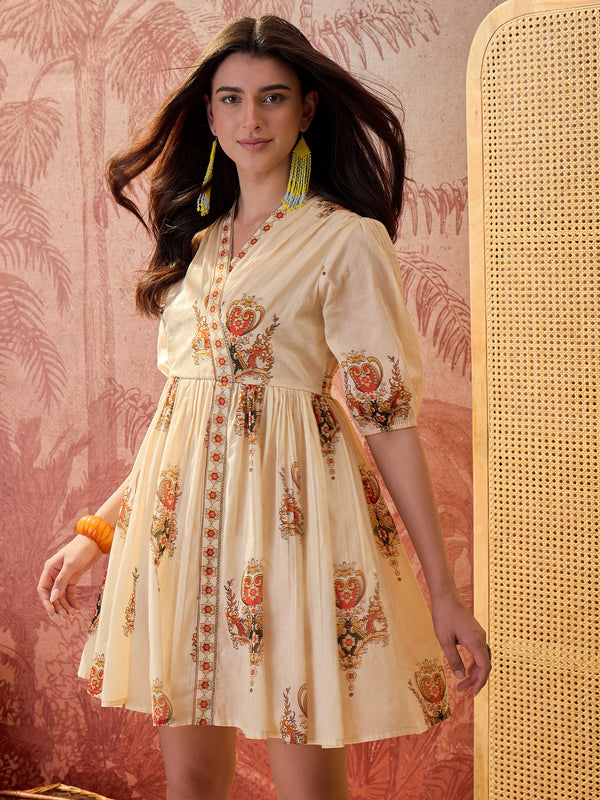 Stylum Women's Cream Ethnic Motifs Cotton Blend Empire Dress (DRSCREAMLOOP)