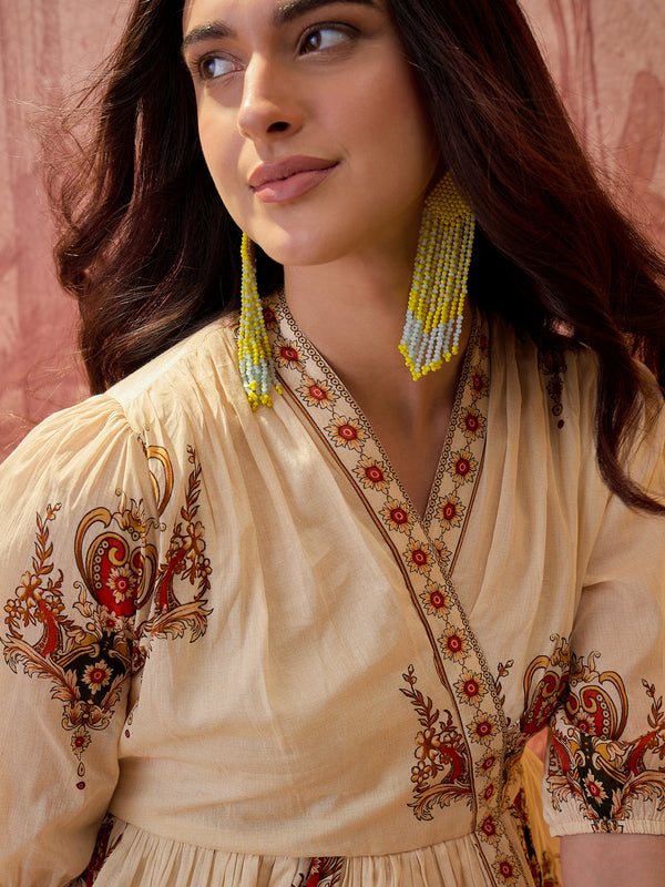 Stylum Women's Cream Ethnic Motifs Cotton Blend Empire Dress (DRSCREAMLOOP)