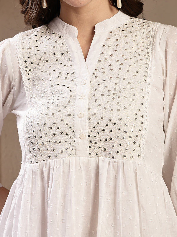 Stylum Women's White Self Design Cotton Tiered Dress (DRSDOLAWHITE)