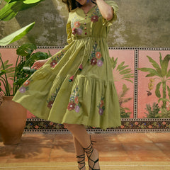 Stylum Women's Green Solid & Embroidered Cotton Tiered Dress (DRSGREENDUSTIN)