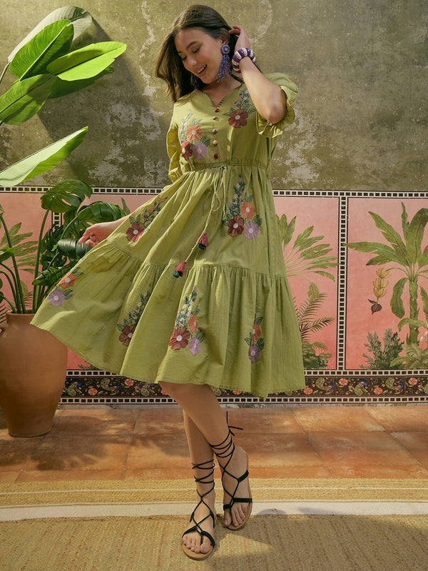 Stylum Women's Green Solid & Embroidered Cotton Tiered Dress (DRSGREENDUSTIN)