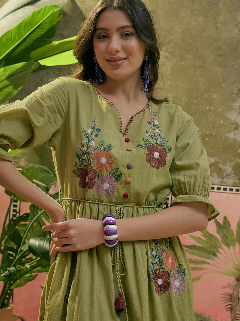 Stylum Women's Green Solid & Embroidered Cotton Tiered Dress (DRSGREENDUSTIN)