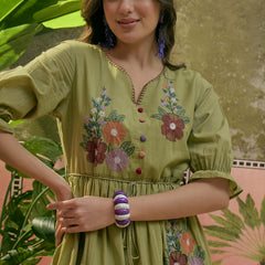 Stylum Women's Green Solid & Embroidered Cotton Tiered Dress (DRSGREENDUSTIN)