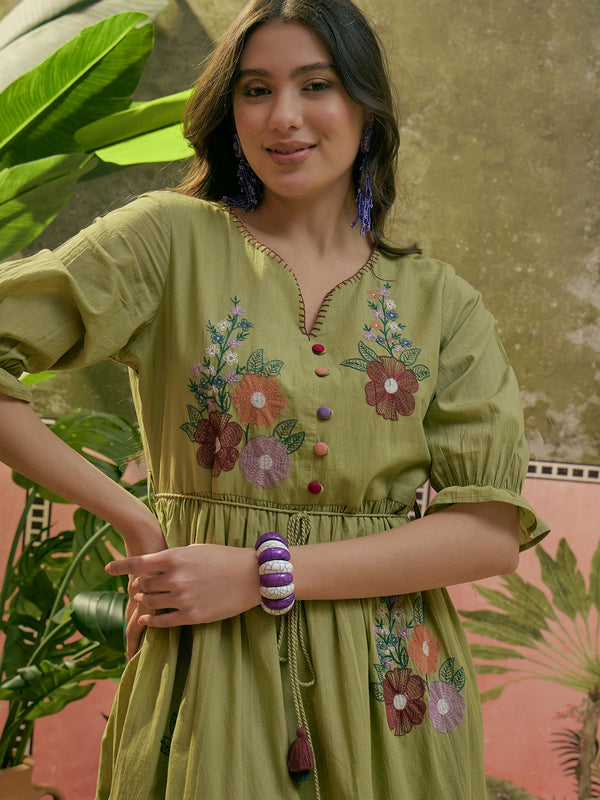 Stylum Women's Green Solid & Embroidered Cotton Tiered Dress (DRSGREENDUSTIN)