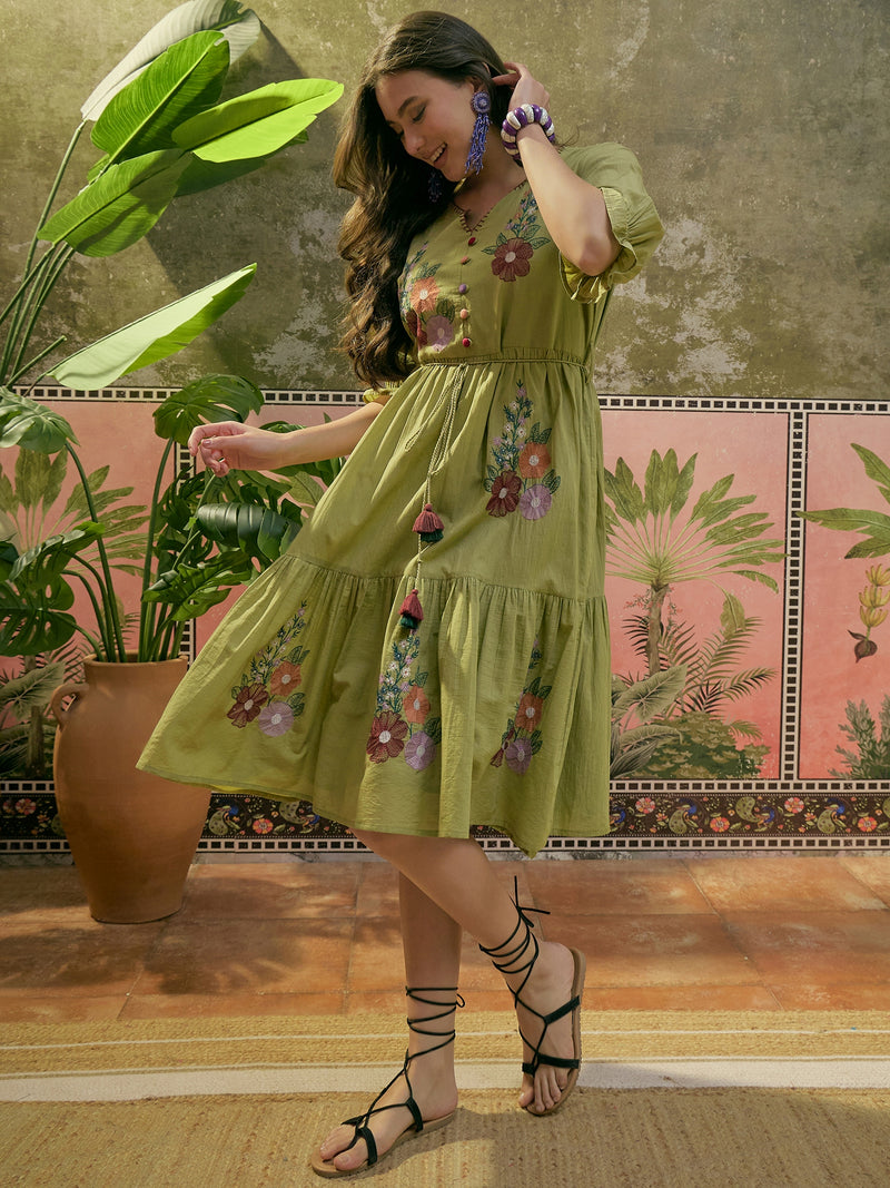 Stylum Women's Green Solid & Embroidered Cotton Tiered Dress (DRSGREENDUSTIN)