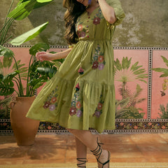 Stylum Women's Green Solid & Embroidered Cotton Tiered Dress (DRSGREENDUSTIN)