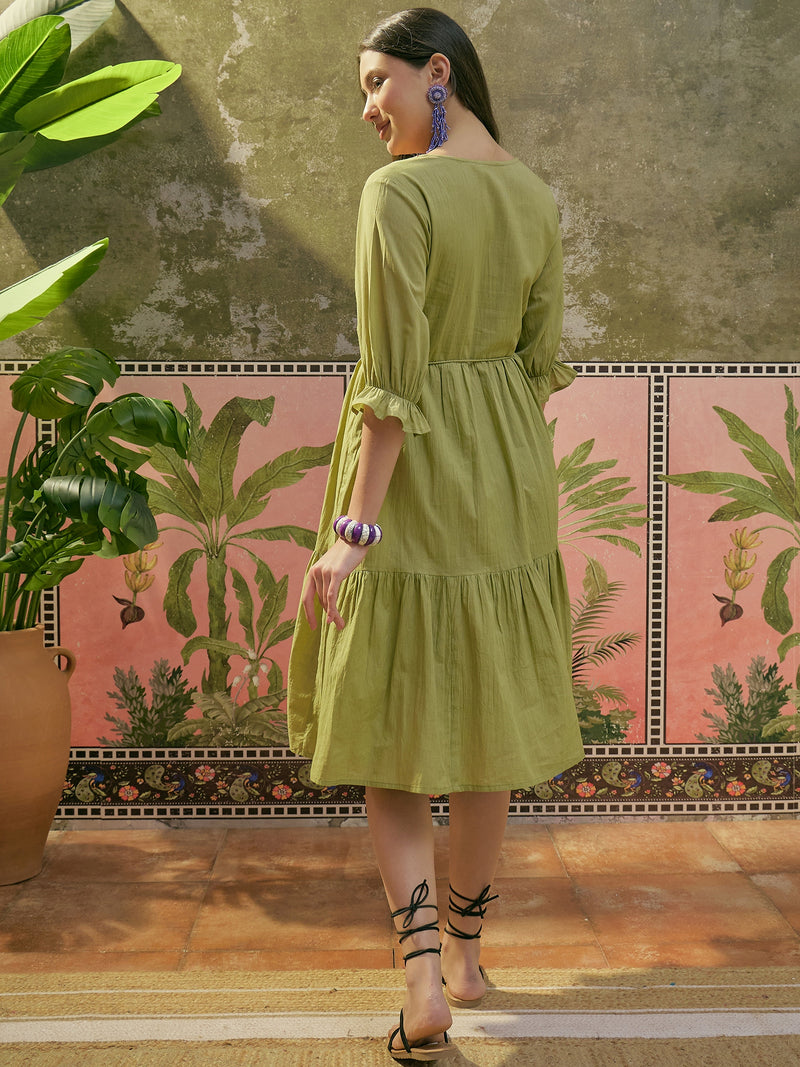 Stylum Women's Green Solid & Embroidered Cotton Tiered Dress (DRSGREENDUSTIN)