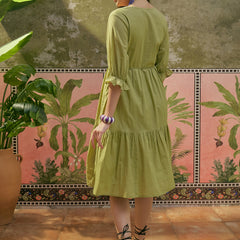 Stylum Women's Green Solid & Embroidered Cotton Tiered Dress (DRSGREENDUSTIN)