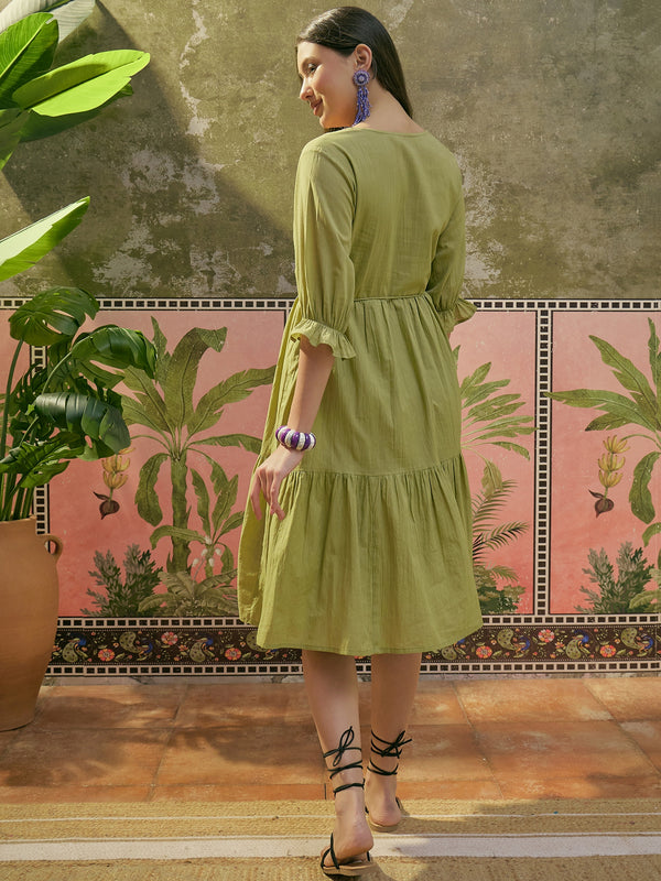 Stylum Women's Green Solid & Embroidered Cotton Tiered Dress (DRSGREENDUSTIN)