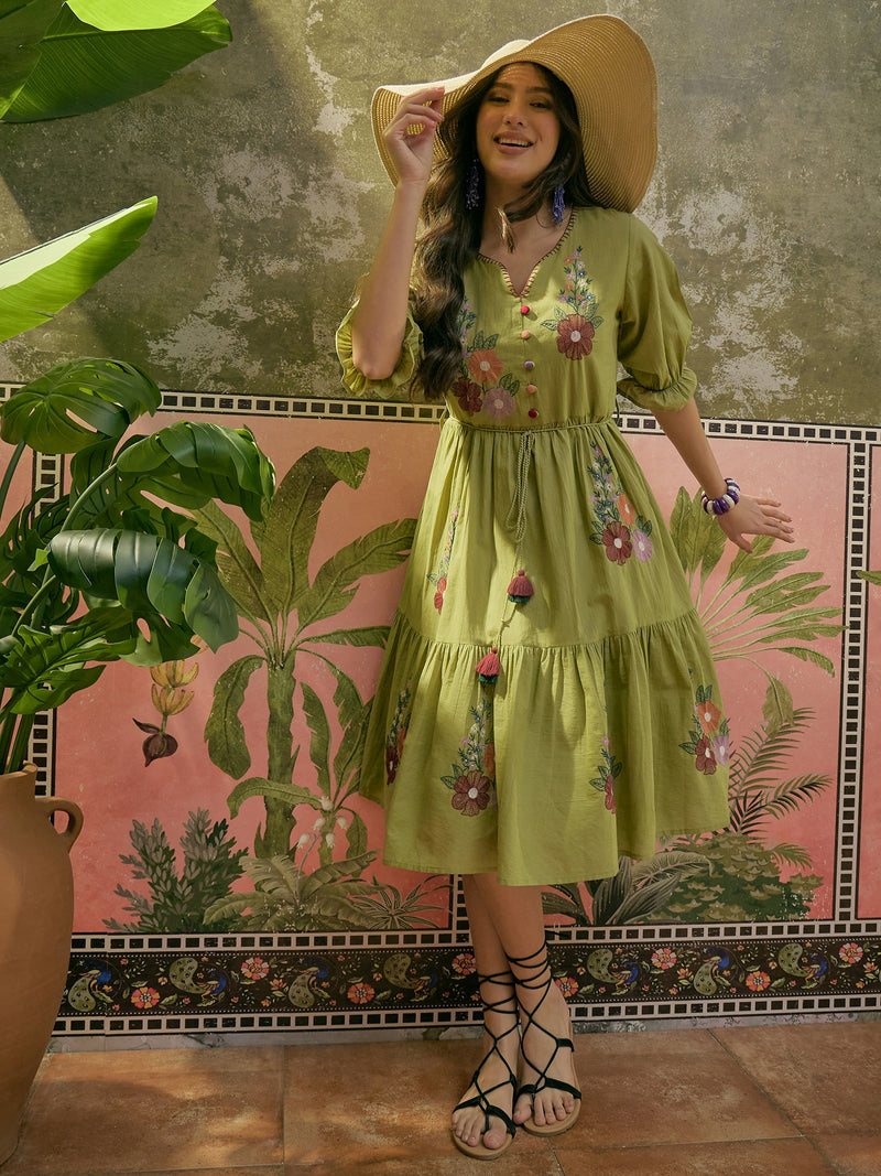 Stylum Women's Green Solid & Embroidered Cotton Tiered Dress (DRSGREENDUSTIN)