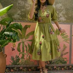 Stylum Women's Green Solid & Embroidered Cotton Tiered Dress (DRSGREENDUSTIN)