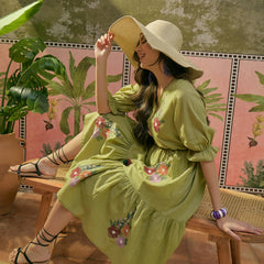 Stylum Women's Green Solid & Embroidered Cotton Tiered Dress (DRSGREENDUSTIN)