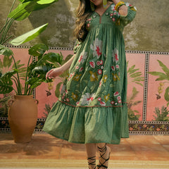 Stylum Women's Green Woven Embroidered Cotton Dobby Empire Dress (DRSGREENHORN)