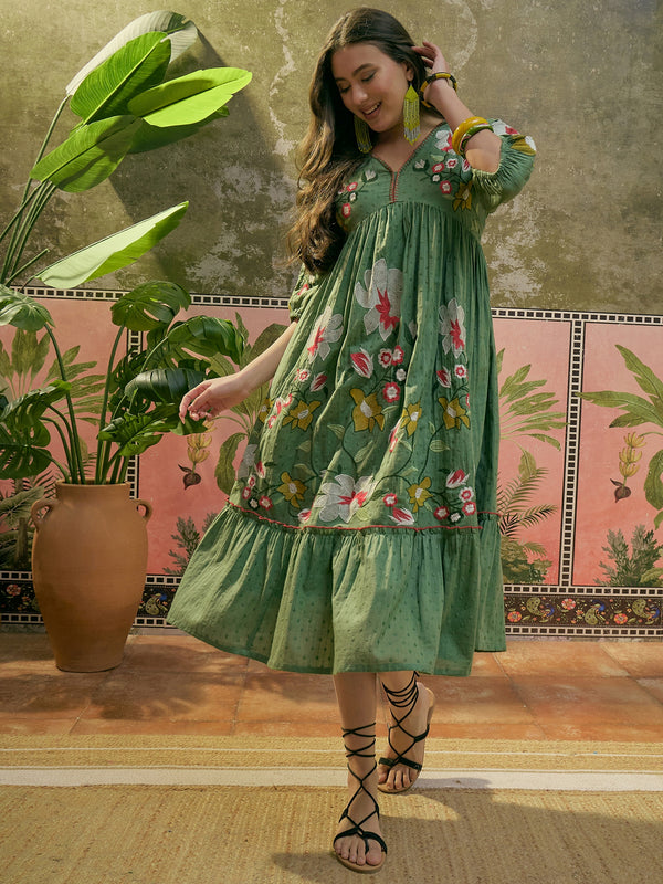 Stylum Women's Green Woven Embroidered Cotton Dobby Empire Dress (DRSGREENHORN)