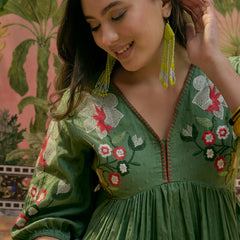 Stylum Women's Green Woven Embroidered Cotton Dobby Empire Dress (DRSGREENHORN)