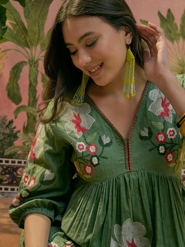 Stylum Women's Green Woven Embroidered Cotton Dobby Empire Dress (DRSGREENHORN)