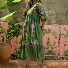 Stylum Women's Green Woven Embroidered Cotton Dobby Empire Dress (DRSGREENHORN)