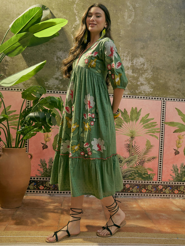 Stylum Women's Green Woven Embroidered Cotton Dobby Empire Dress (DRSGREENHORN)