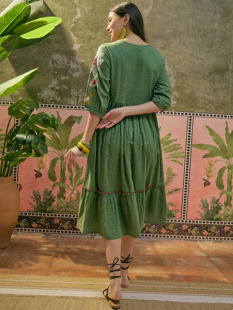 Stylum Women's Green Woven Embroidered Cotton Dobby Empire Dress (DRSGREENHORN)