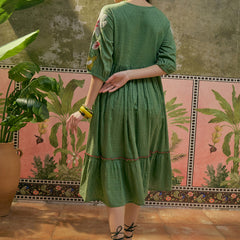 Stylum Women's Green Woven Embroidered Cotton Dobby Empire Dress (DRSGREENHORN)