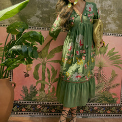 Stylum Women's Green Woven Embroidered Cotton Dobby Empire Dress (DRSGREENHORN)