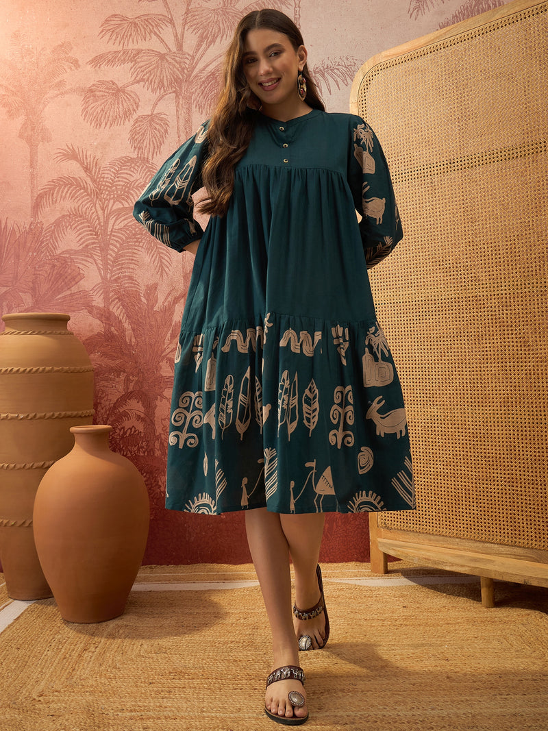 Stylum Women's Green Boho Printed Cotton Tiered Dress (DRSGREENMAAYURI)
