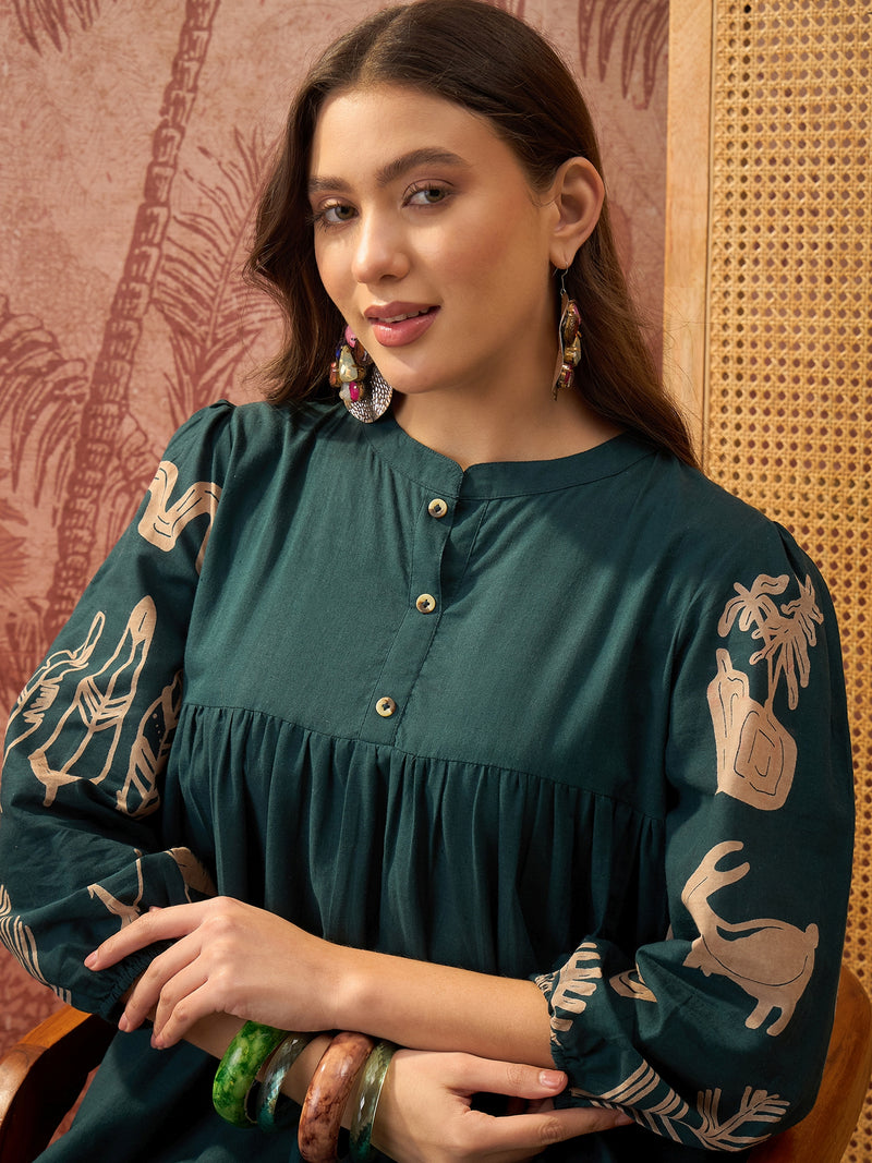 Stylum Women's Green Boho Printed Cotton Tiered Dress (DRSGREENMAAYURI)