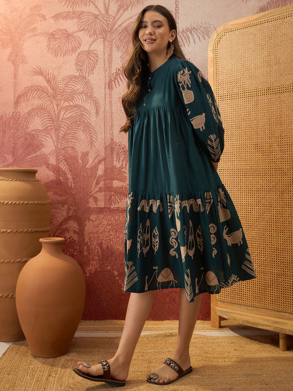 Stylum Women's Green Boho Printed Cotton Tiered Dress (DRSGREENMAAYURI)