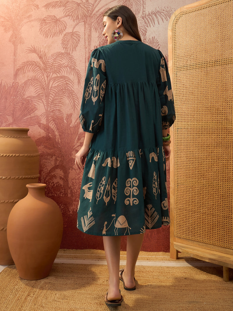 Stylum Women's Green Boho Printed Cotton Tiered Dress (DRSGREENMAAYURI)