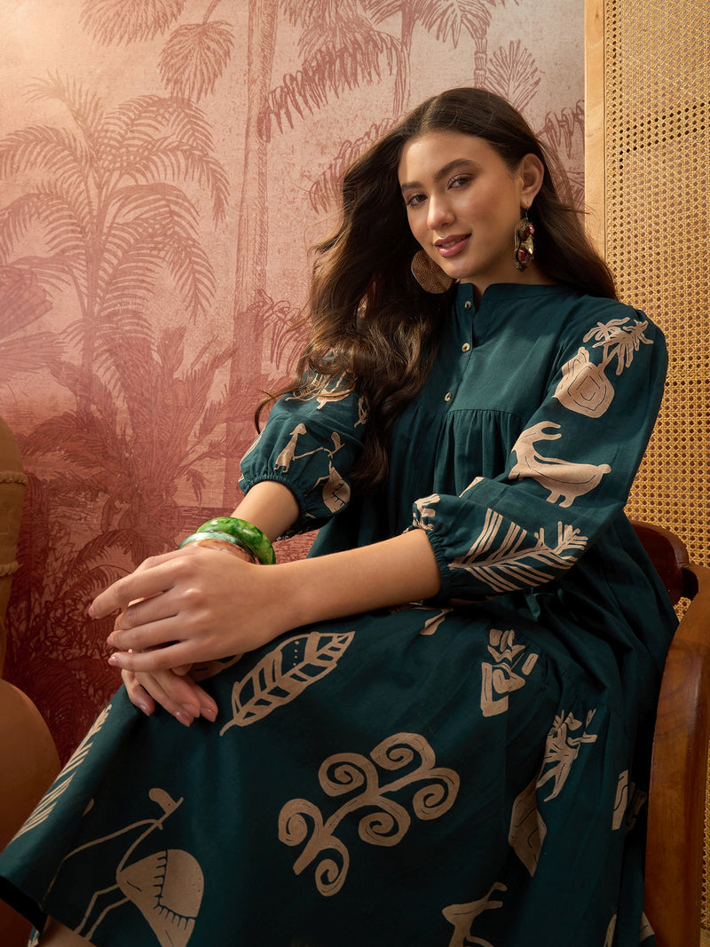 Stylum Women's Green Boho Printed Cotton Tiered Dress (DRSGREENMAAYURI)
