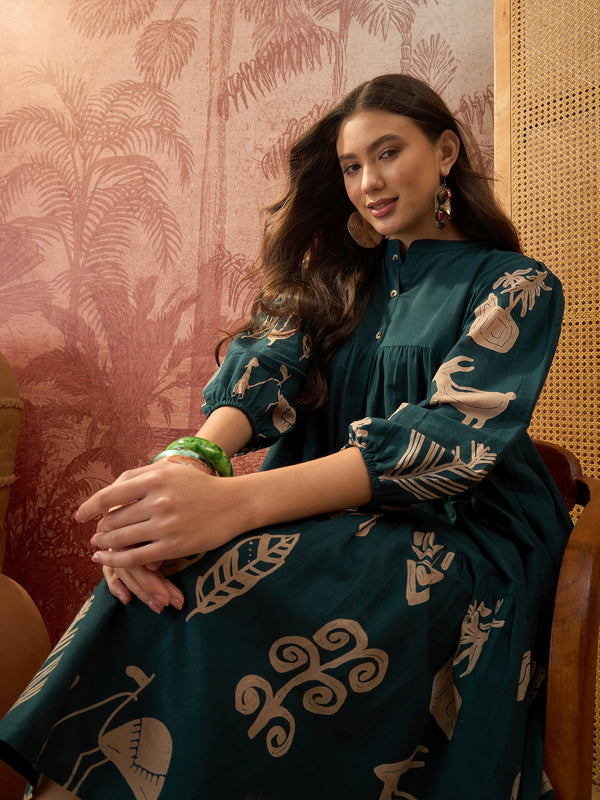 Stylum Women's Green Boho Printed Cotton Tiered Dress (DRSGREENMAAYURI)