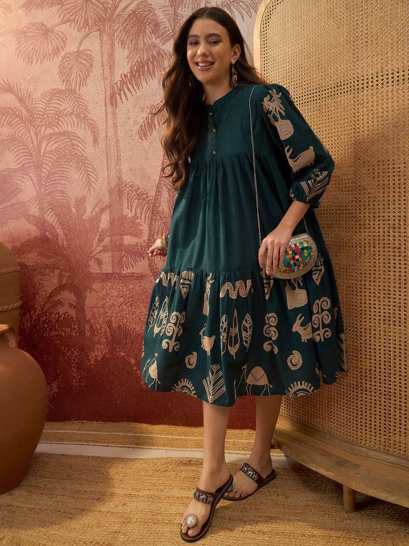 Stylum Women's Green Boho Printed Cotton Tiered Dress (DRSGREENMAAYURI)