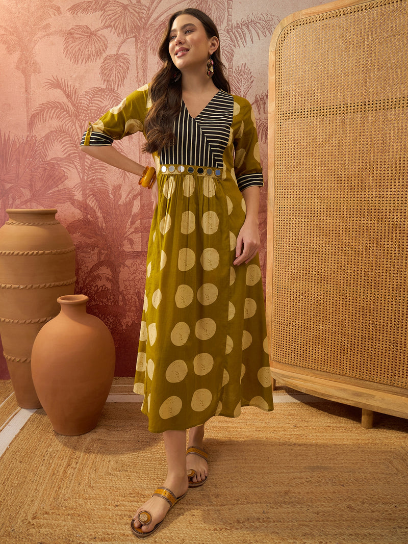 Stylum Women's Mustard Block Printed Cotton Flared Dress (DRSMUSTDAPER)