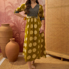 Stylum Women's Mustard Block Printed Cotton Flared Dress (DRSMUSTDAPER)