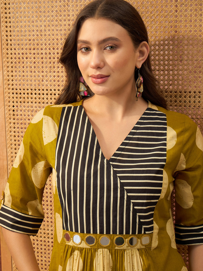 Stylum Women's Mustard Block Printed Cotton Flared Dress (DRSMUSTDAPER)