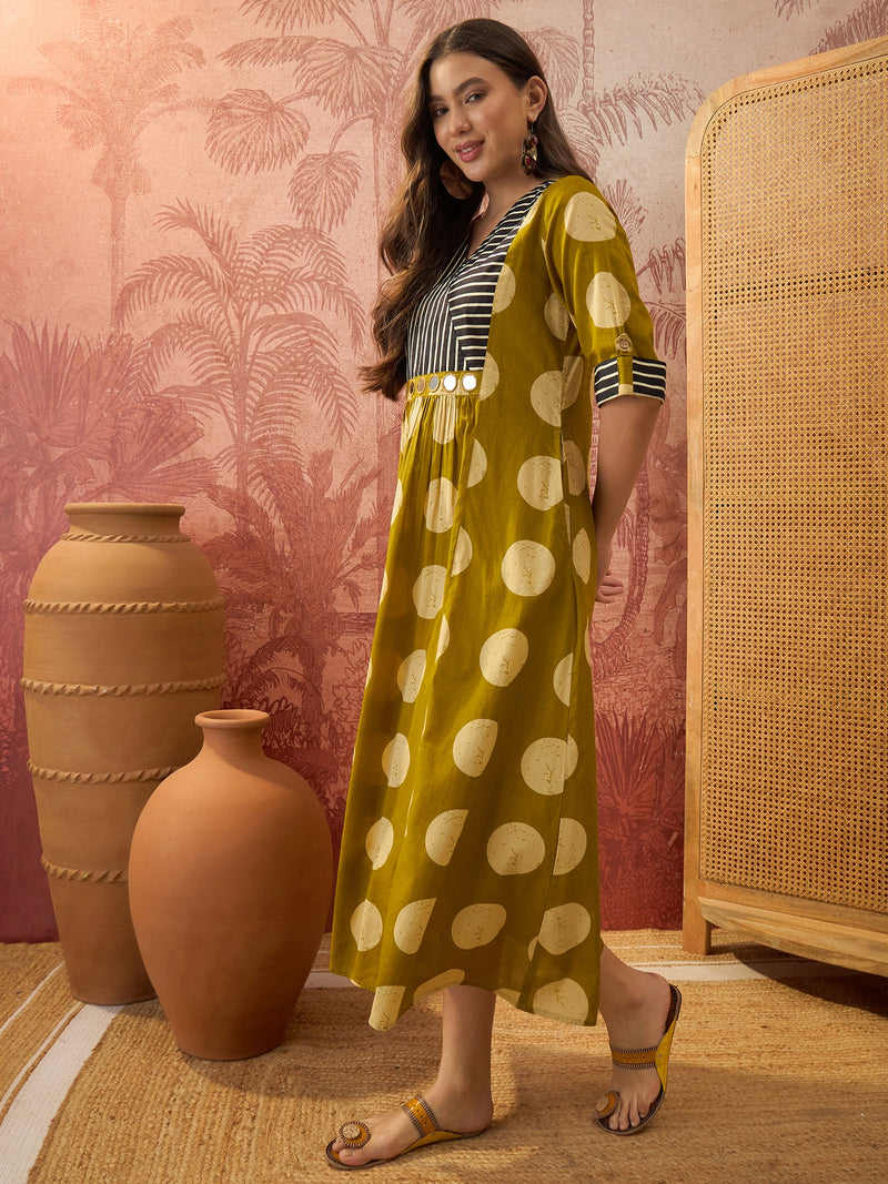 Stylum Women's Mustard Block Printed Cotton Flared Dress (DRSMUSTDAPER)