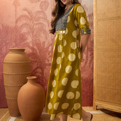 Stylum Women's Mustard Block Printed Cotton Flared Dress (DRSMUSTDAPER)
