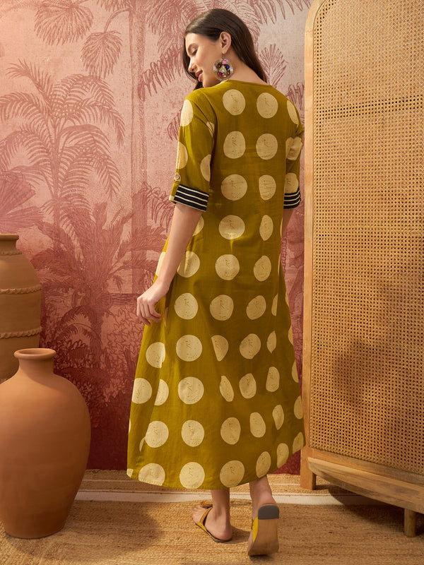 Stylum Women's Mustard Block Printed Cotton Flared Dress (DRSMUSTDAPER)