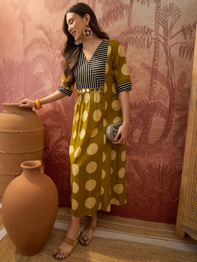 Stylum Women's Mustard Block Printed Cotton Flared Dress (DRSMUSTDAPER)