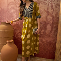 Stylum Women's Mustard Block Printed Cotton Flared Dress (DRSMUSTDAPER)