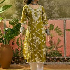 Stylum Women's Green Floral Printed & Embroidered Cotton Straight Kurta (GREENMODERN)